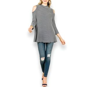 MISIA Black + White Stripe Cold Shoulder Soft Lightweight Tee Tunic Top T-shirt